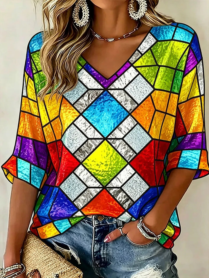 Women's Rainbow Geometric Art Printed Casual Top