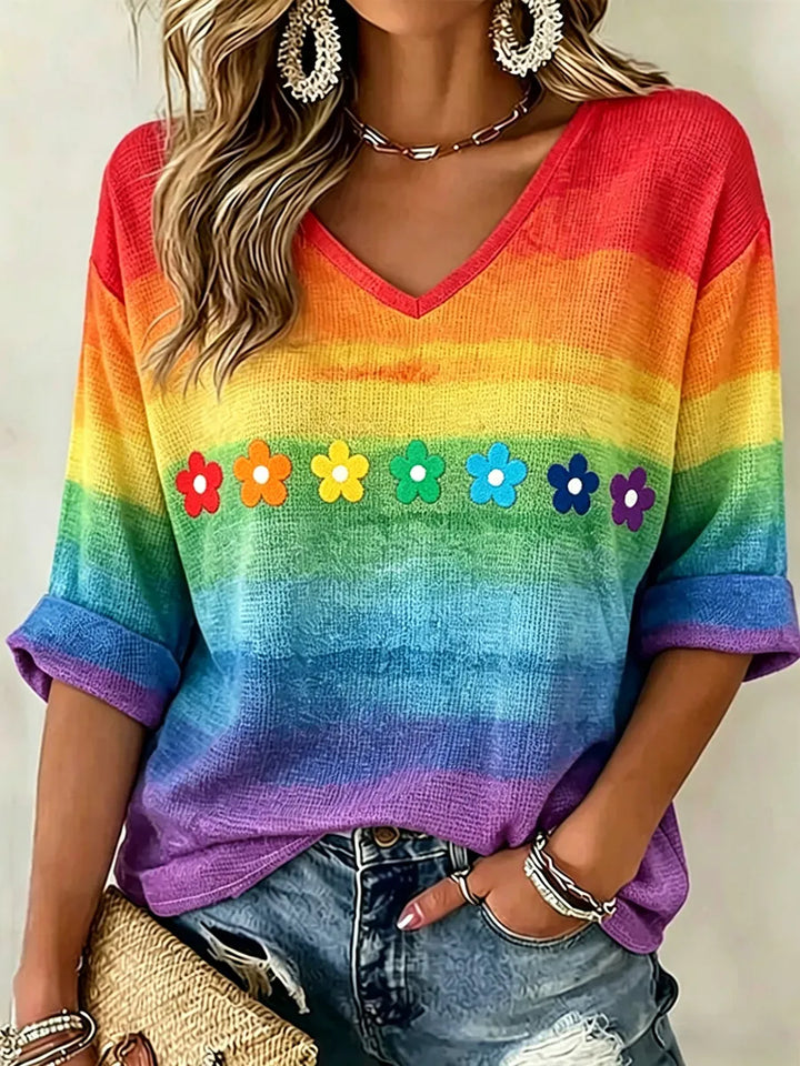 Women's Rainbow Floral Art Printed Casual Top