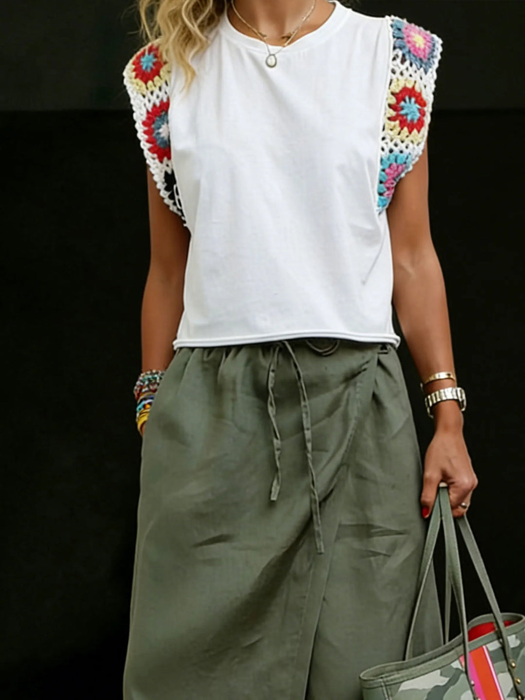 Women's Causal Knitted Crochet Patchwork Round-neck T-shirt