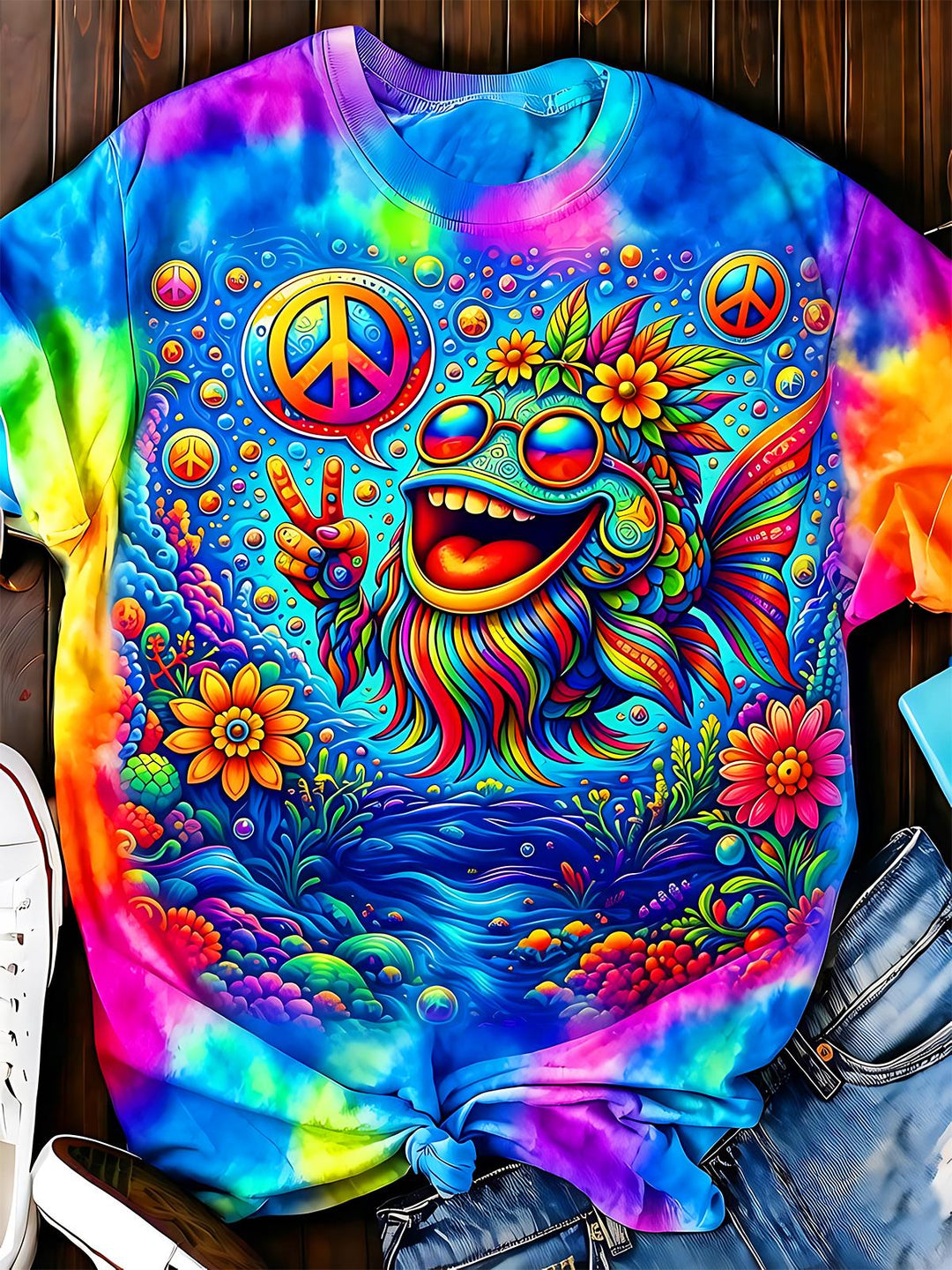 Hippie Peace Sign Tie-Dye Colorful Fish Women's Short Sleeve Crew Neck T-shirt