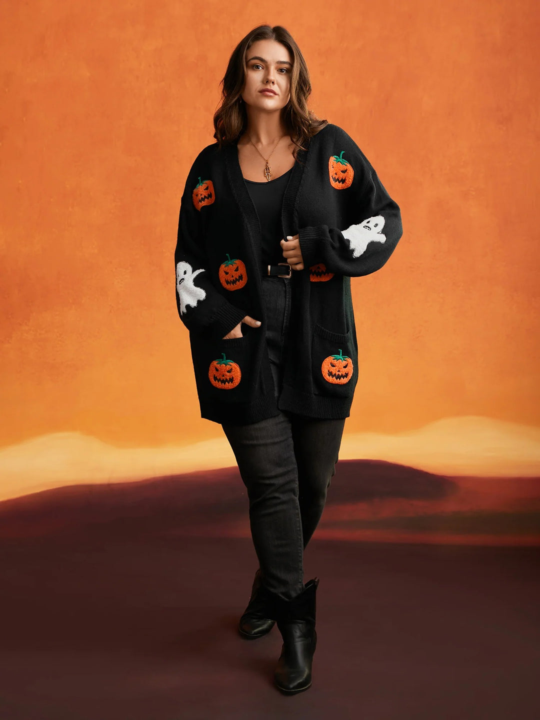 Pumpkin Ghost Embroidery Open Cardigan