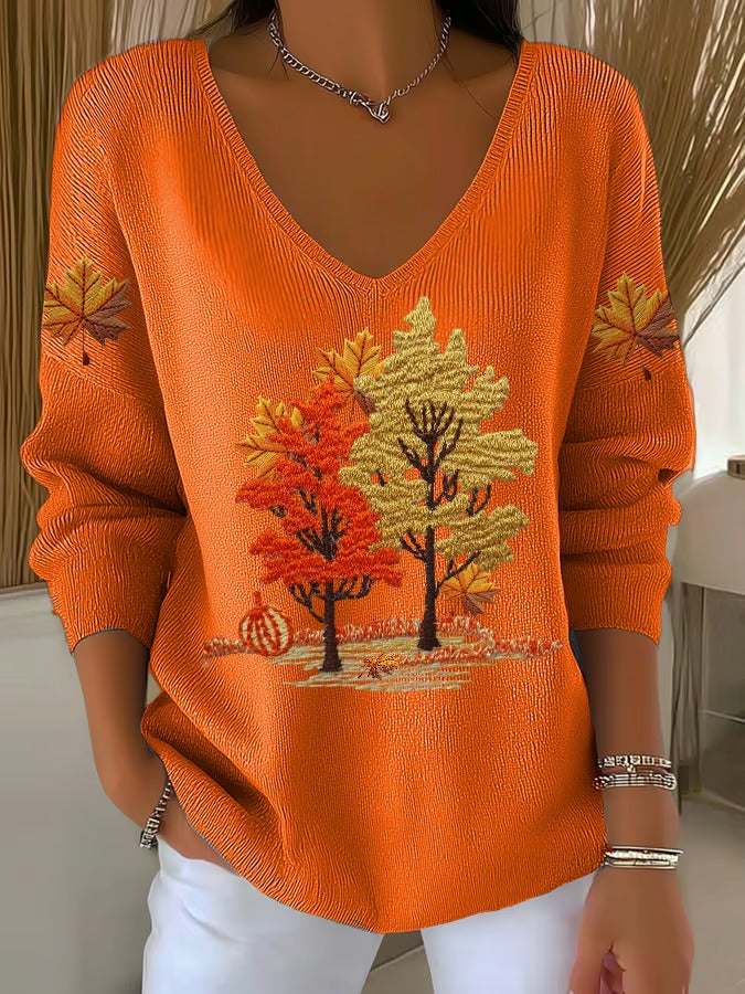 Women's Fall Maple Casual V Neck Pullover Sweater