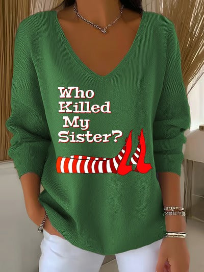 Women's  Retro Halloween Printed Casual V Neck Pullover Sweater