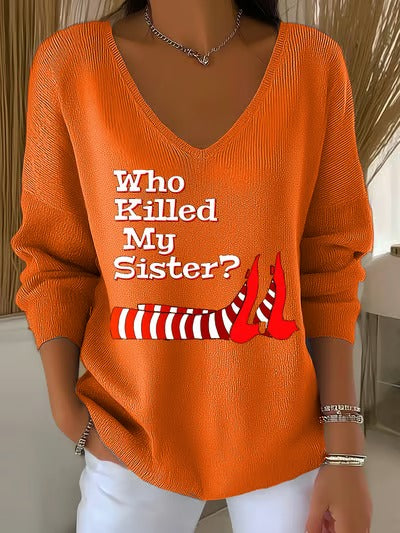 Women's  Retro Halloween Printed Casual V Neck Pullover Sweater