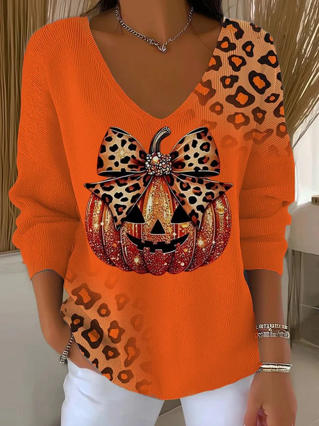 Women's Halloween Pumpkin Casual  V Neck Pullover Sweater