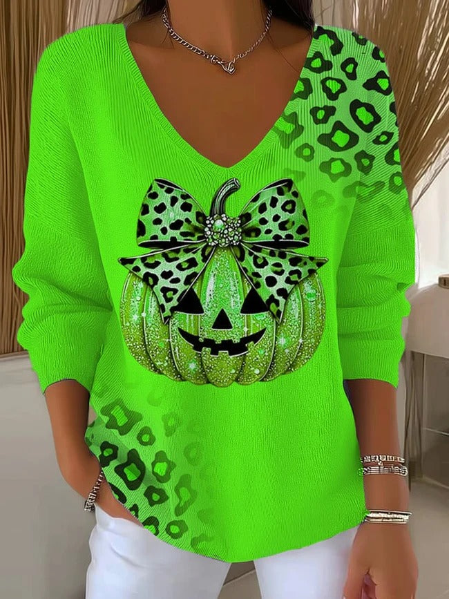 Women's Halloween Pumpkin Casual  V Neck Pullover Sweater
