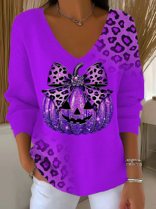 Women's Halloween Pumpkin Casual  V Neck Pullover Sweater