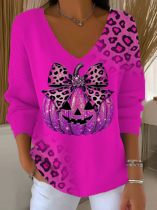 Women's Halloween Pumpkin Casual  V Neck Pullover Sweater