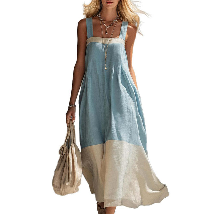 Square Neck Maxi Dress Color Blocking Summer Sleeveless Dress Swing Flowy Sundresses for Travel Daily Wear presents