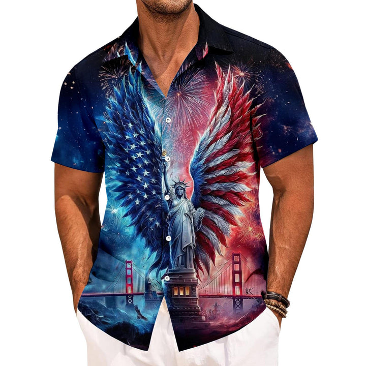 Flag Button Up Shirt Men Eagle Print Short Sleeve Button Down Patriotic Hawaiian Shirts for Parade Party amiable
