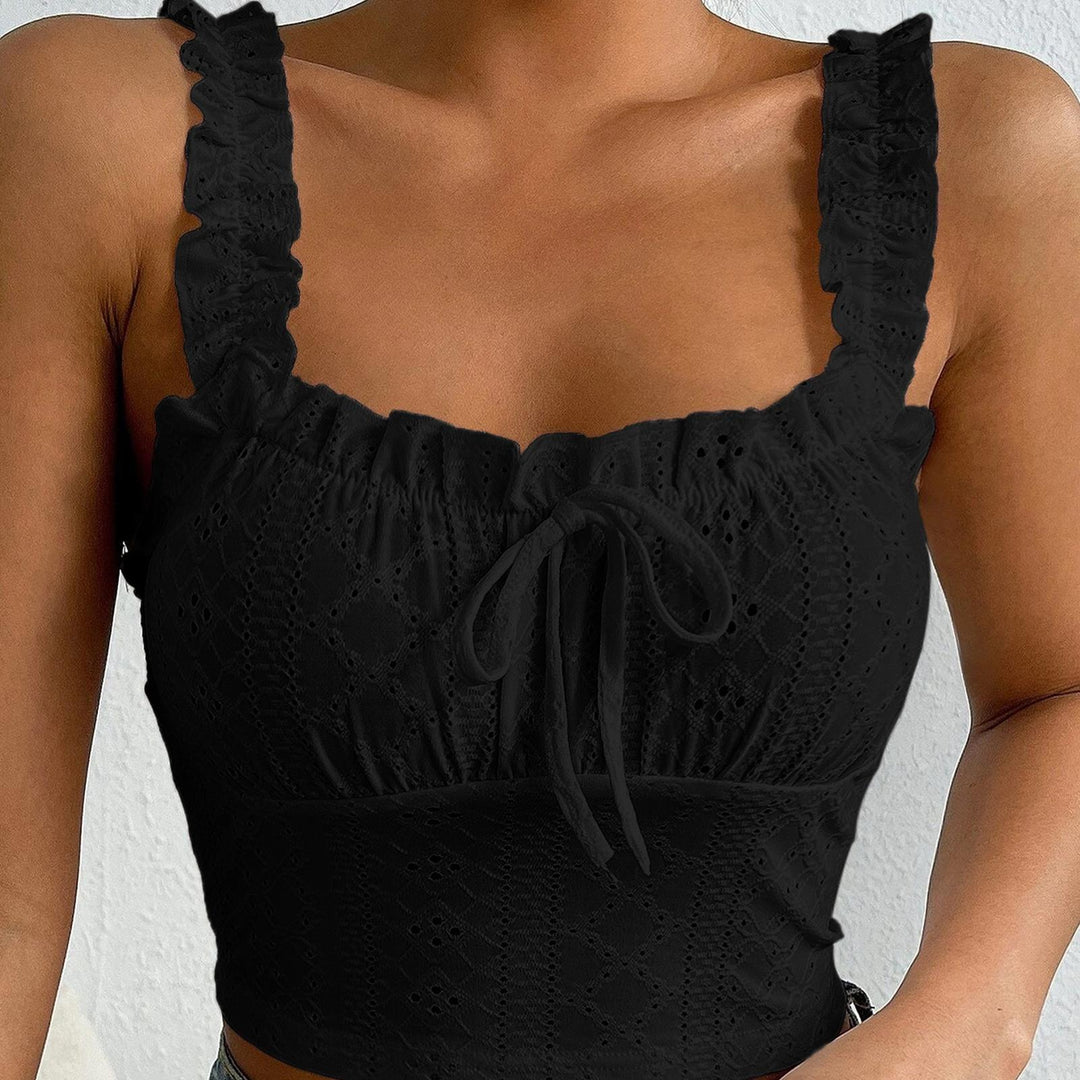 Eyelet Tank Tops for Women Ruffle Ruched Sleeveless Square Neck Tie Front Bust Crop Camisole Tops for Travel excellent