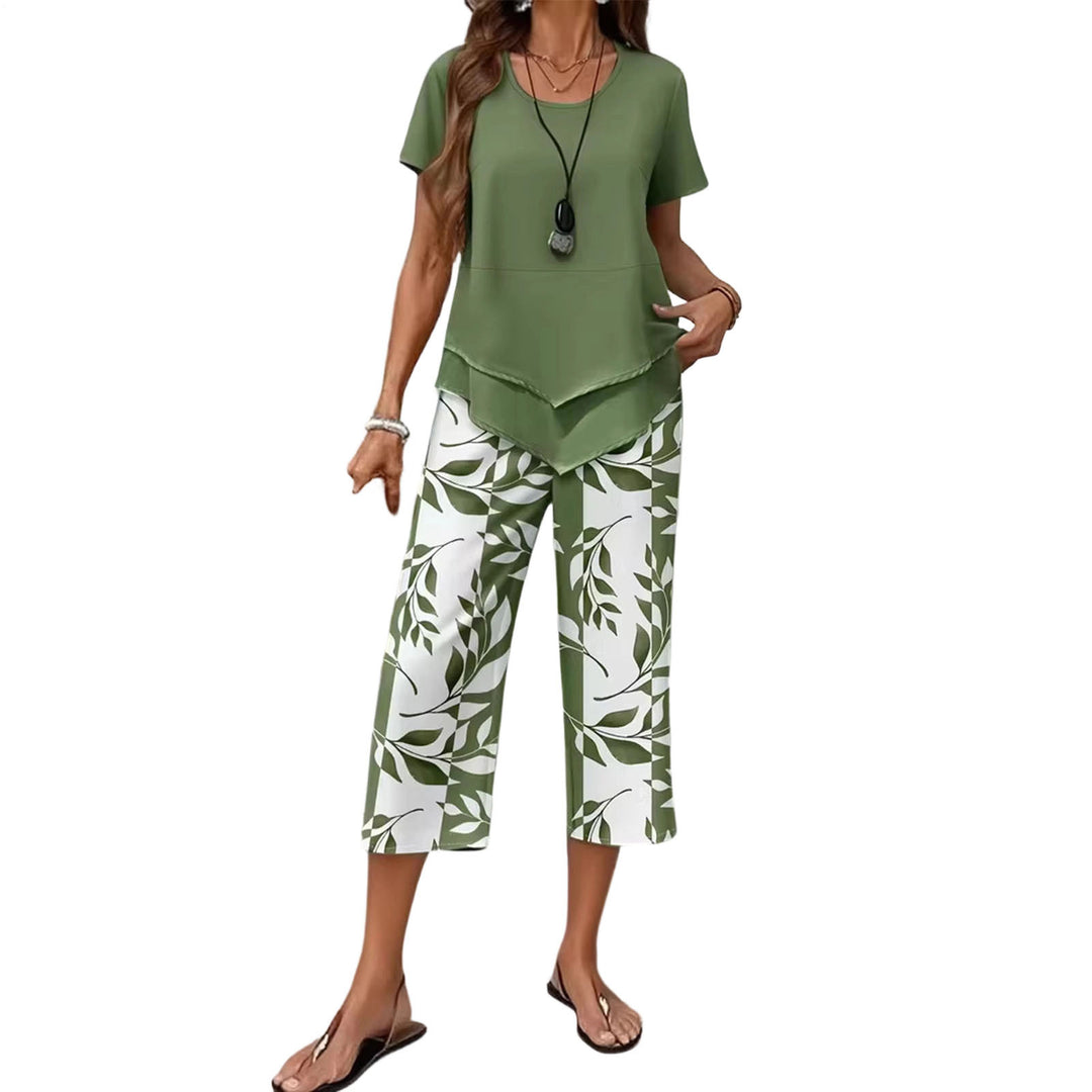 2 Piece Sets for Women Summer Crewneck Short Sleeve Shirts and Wide Leg Capri Pants Lounge Outfit for Travel gently