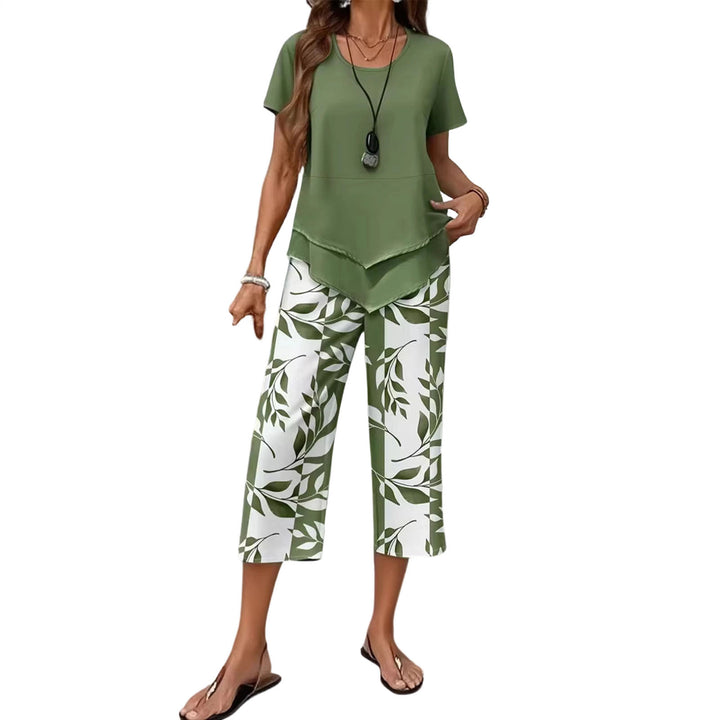 2 Piece Sets for Women Summer Crewneck Short Sleeve Shirts and Wide Leg Capri Pants Lounge Outfit for Travel gently