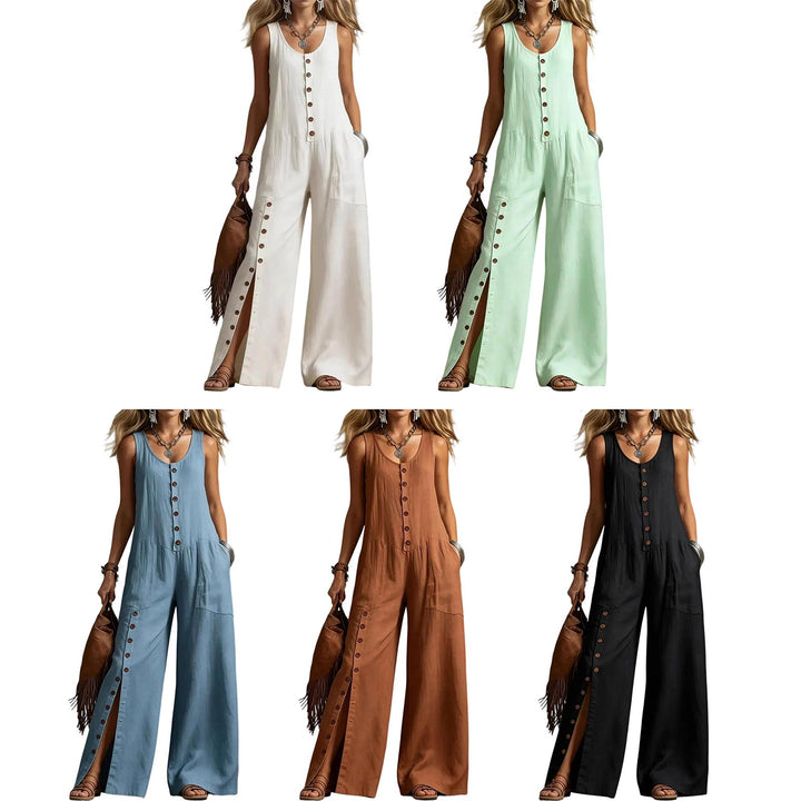 Button Down Jumpsuit for Women Button Up Wide Legs Pants Fashion Sleeveless Overall with Pockets for Beach beautiful