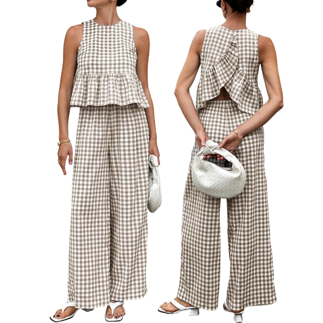 Womens Gingham Set Ruffle Plaid Peplum Tops and Pants Summer Vacation Going Out Sets for Daily Wear Beach admired