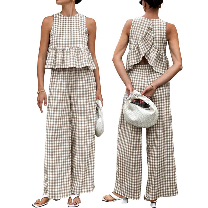 Womens Gingham Set Ruffle Plaid Peplum Tops and Pants Summer Vacation Going Out Sets for Daily Wear Beach admired
