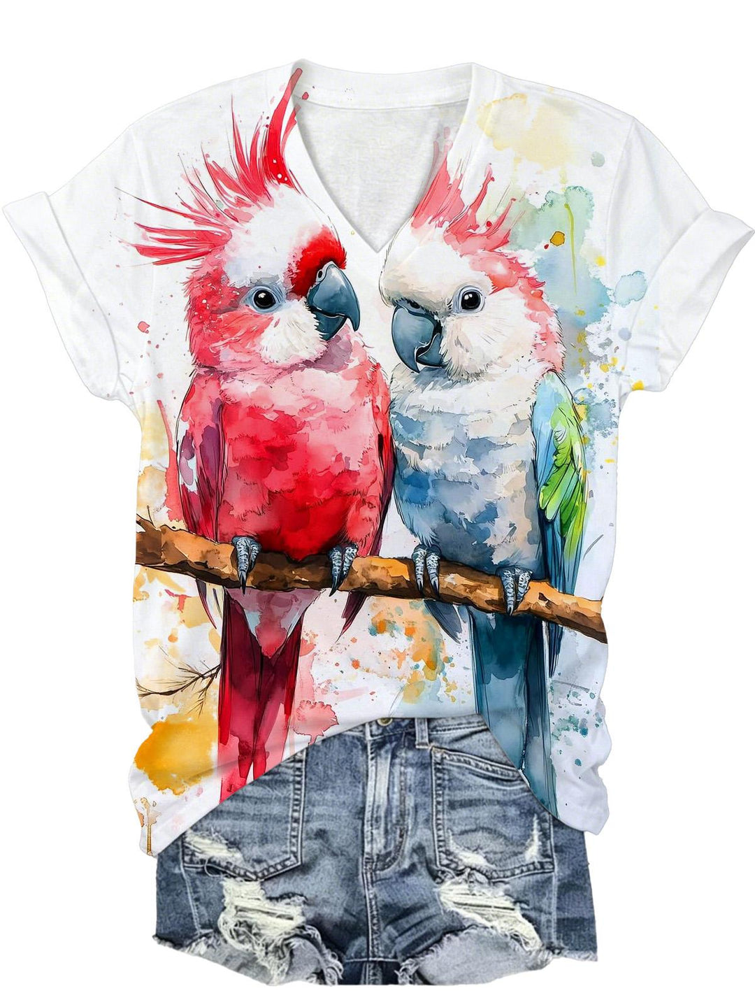 Parrot Print Women's Short Sleeve V Neck T-Shirt