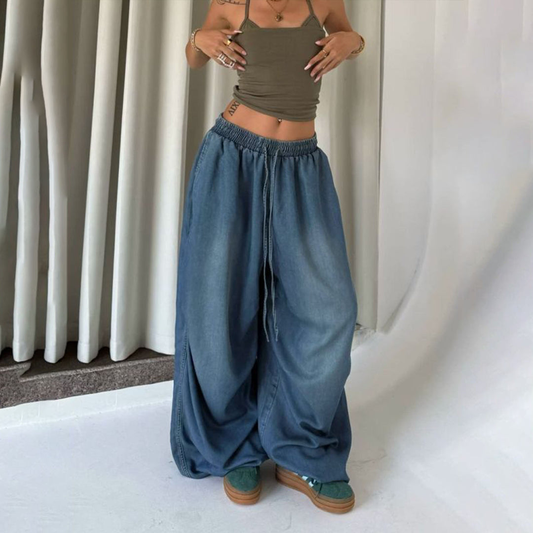 Womens Elastic Waist Jeans Low Rise Vintage Baggy Barrel Jeans Streetwear Loose Fit Denim Pants for Travel candid