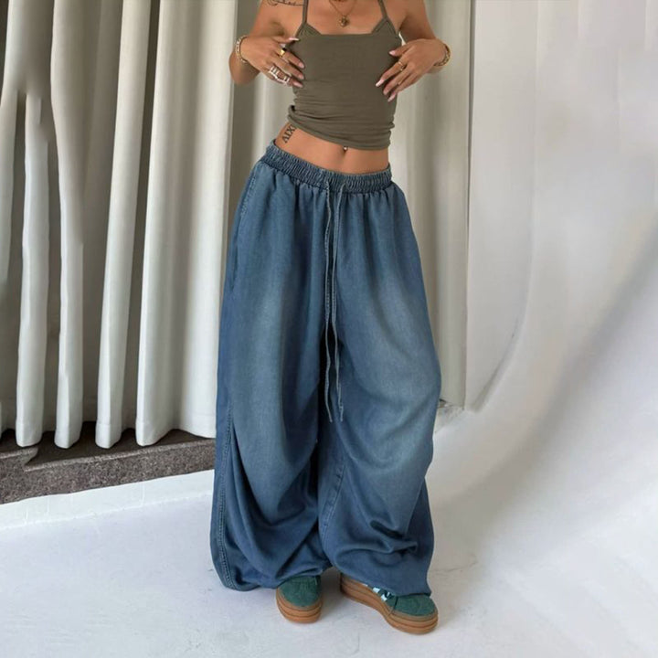 Womens Elastic Waist Jeans Low Rise Vintage Baggy Barrel Jeans Streetwear Loose Fit Denim Pants for Travel candid