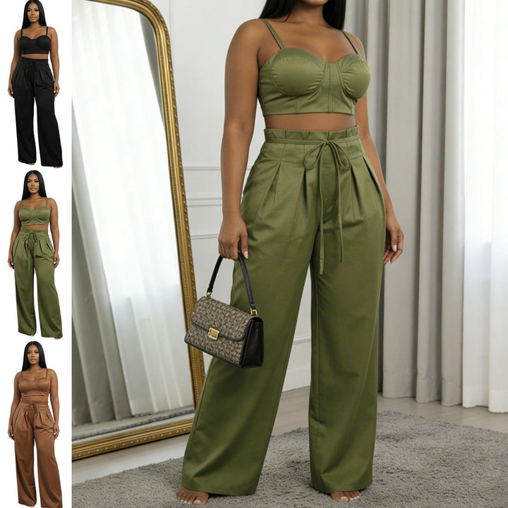 Women's 2 Piece Sets Sleeveless Crop Bustier Tops Wide Leg Casual Trousers with Drawstring for Streetwear premium