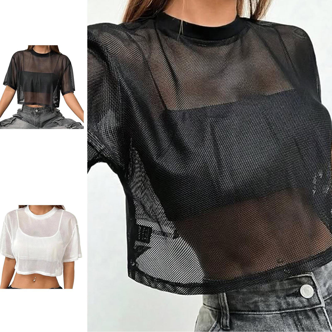 Sheer Mesh Short Sleeve Tops for Women Crewneck Loose Fit See Through Sexy Tee Shirts Crop Tops Daily Wear decent