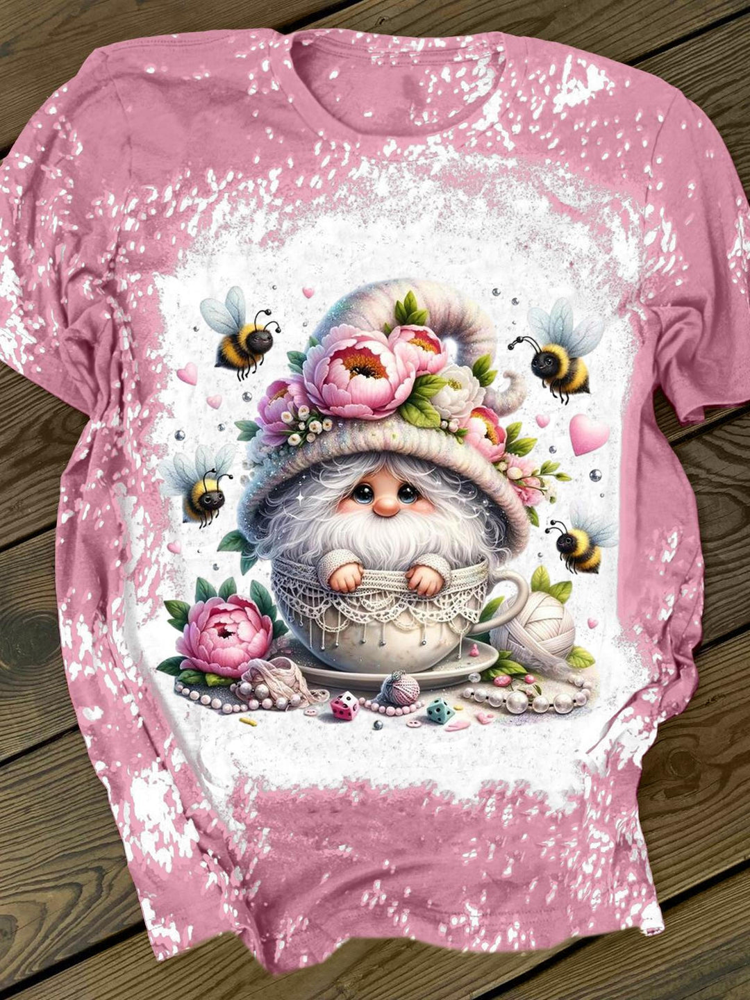 Pink Floral Bee Gnome Tie Dye T-shirt