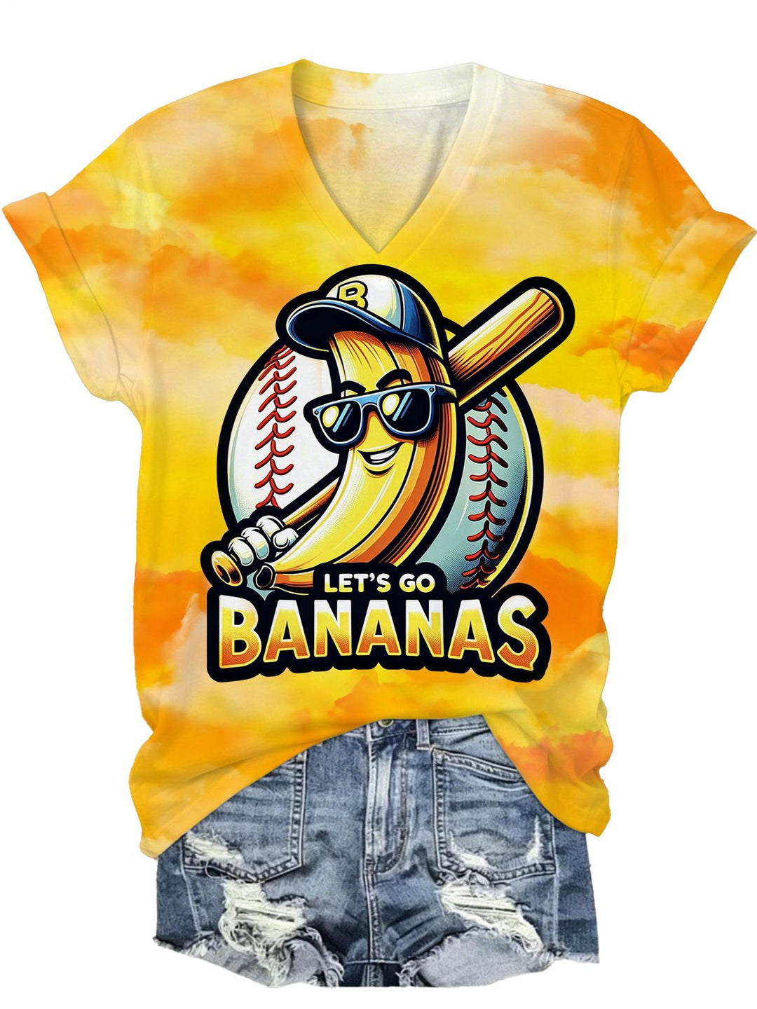 Banana Baseball Print Women's Short Sleeve V Neck T-Shirt