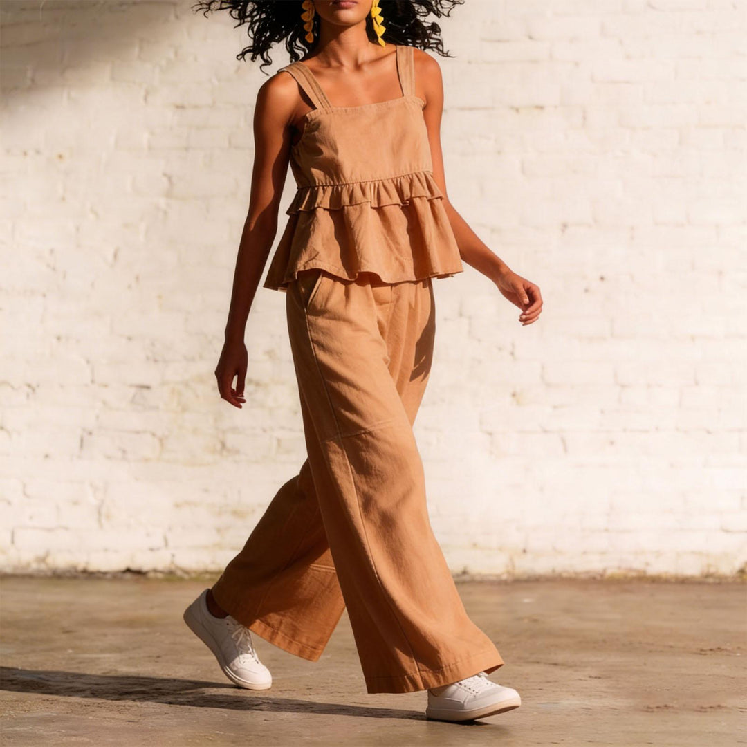 2 Piece Summer Sets for Women Ruffle Casual Summer Sleeveless Peplum Top and Wide Leg Pants Sets for Leisure workable