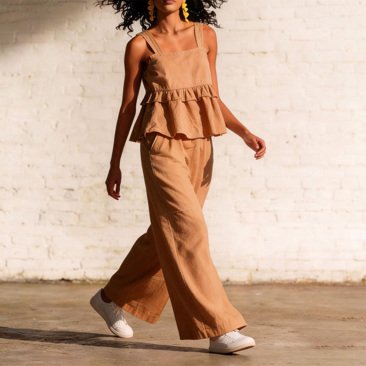 2 Piece Summer Sets for Women Ruffle Casual Summer Sleeveless Peplum Top and Wide Leg Pants Sets for Leisure workable
