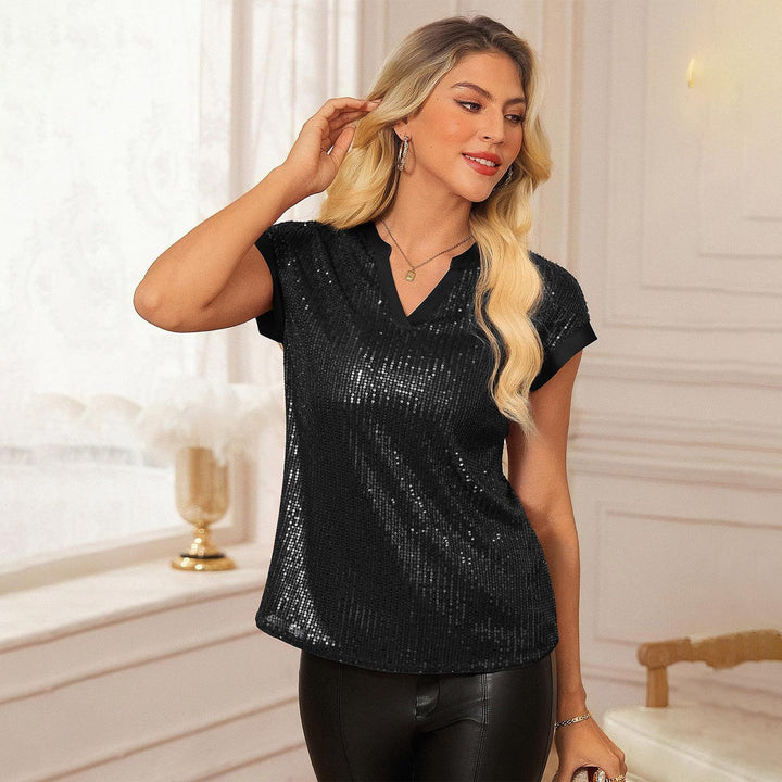 Sequin Shirts for Women V Neck Sequin Sparkly Tops Short Sleeve Dressy Casual Party Shirt for Club Going Out beautiful