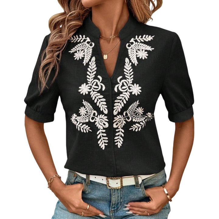 Embroidered Blouses for Women V Neck Floral Embroidered Top Short Sleeve Blouses Fashion Clothes for Travel generous