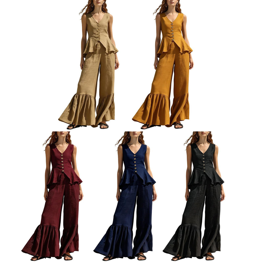 Women Two Piece Outfits Sets V Neck Sleeveless Peplum Top and Ruffle Flare Leg Pants Set for Dating Travel astonishing
