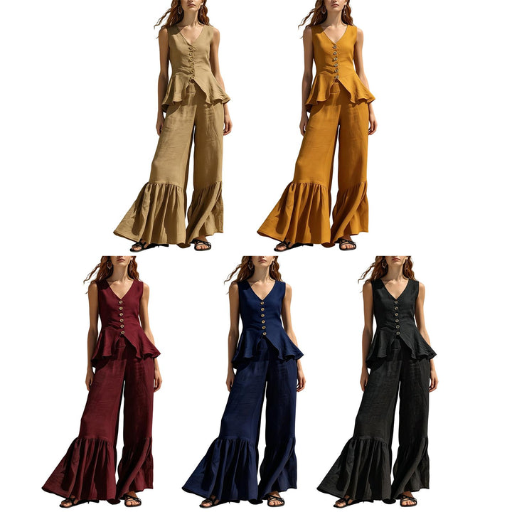 Women Two Piece Outfits Sets V Neck Sleeveless Peplum Top and Ruffle Flare Leg Pants Set for Dating Travel astonishing