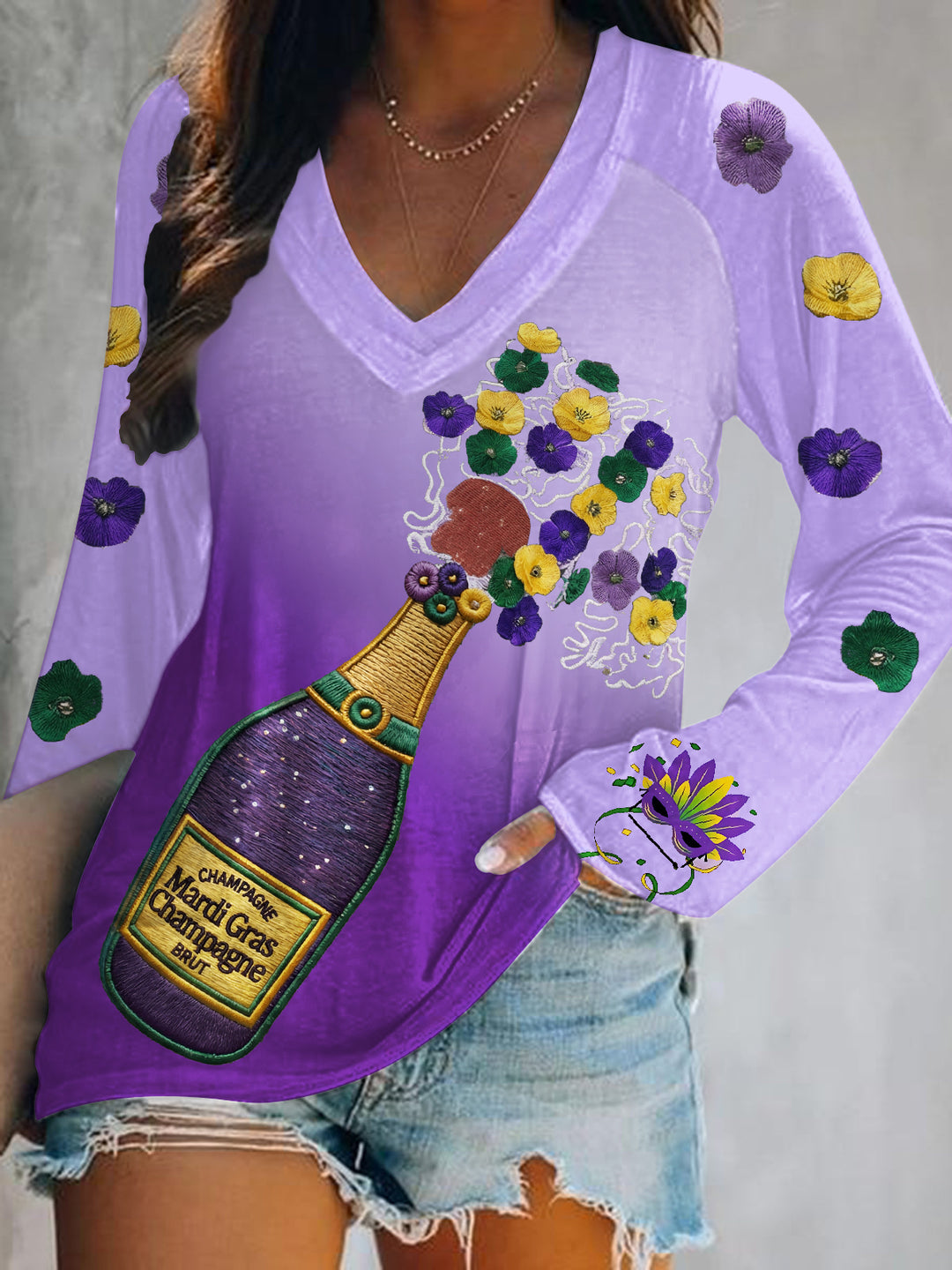Mardi Gras Print V-Neck Long Sleeve Top