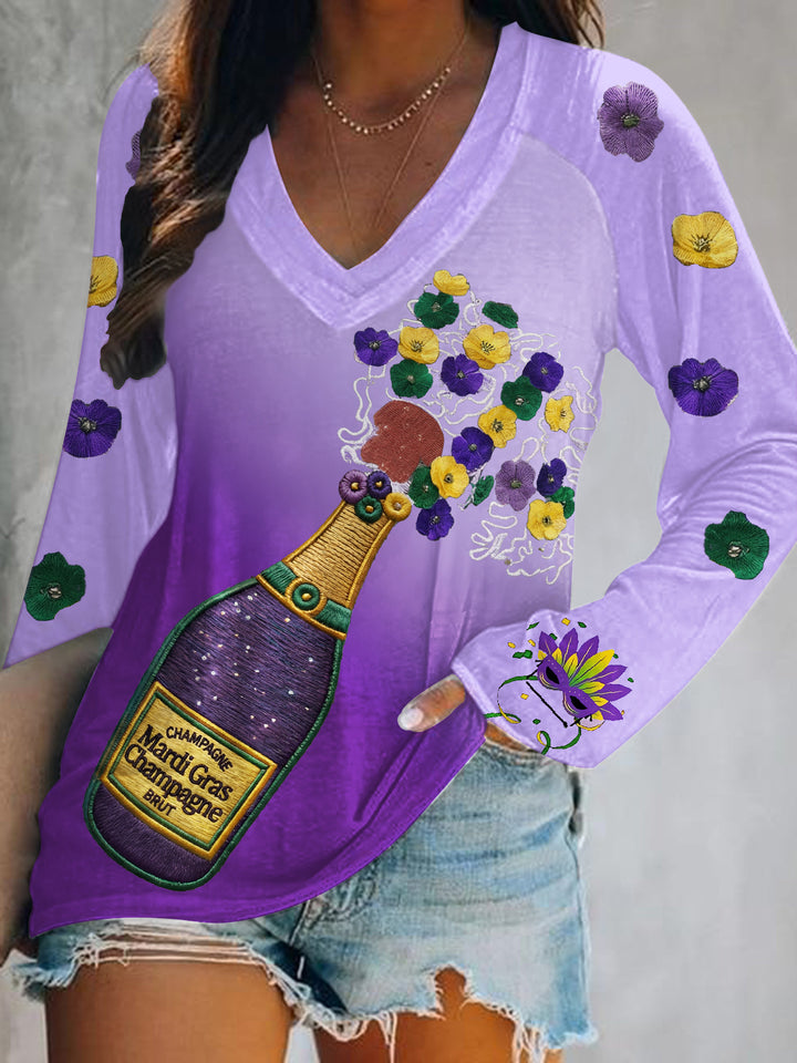 Mardi Gras Print V-Neck Long Sleeve Top