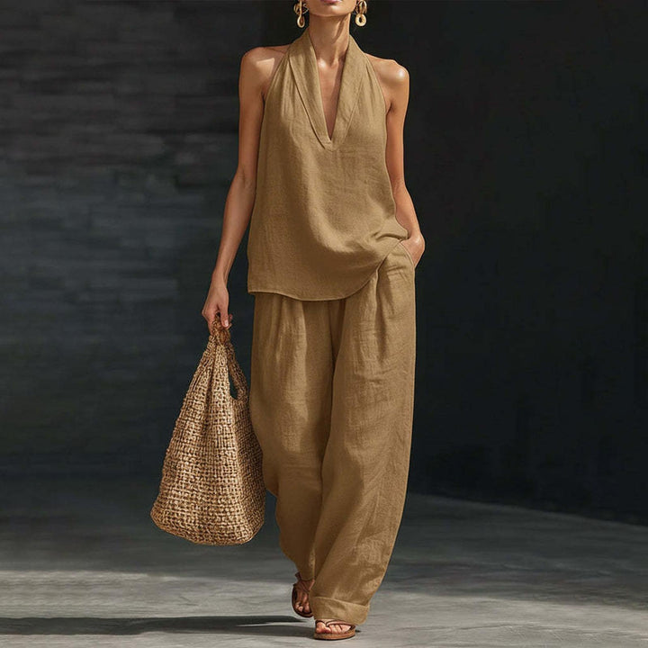 Summer Outfits for Women 2 Piece Set Deep V Neck Sleeveless Loose Fit Halter Top and Wide Leg Pants for Beach classical