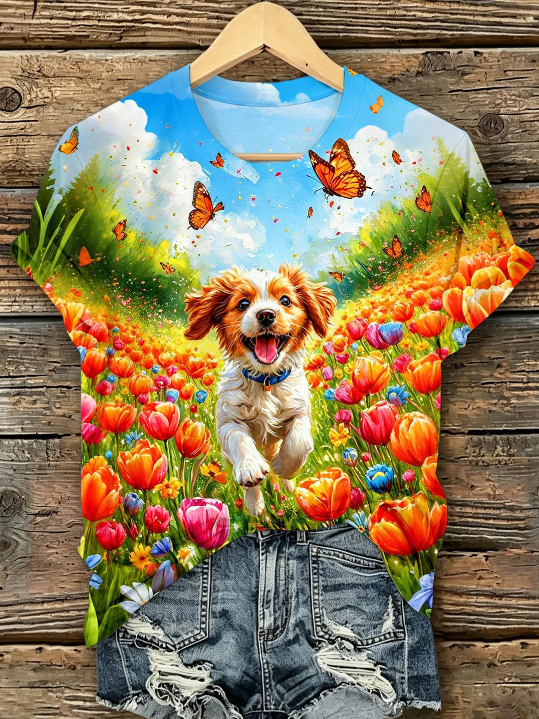 Fun Puppy Butterfly Tulip Women's Short Sleeve Crew Neck T-shirt