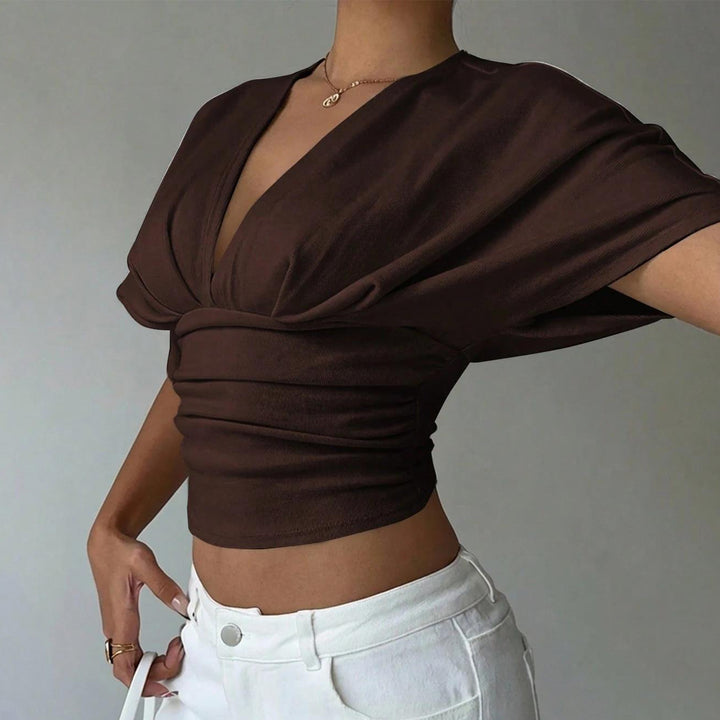 Cinch Waist Tops for Women Ruched Deep V Neck Crop Tops Sexy Summer T Shirts Short Sleeve for Travel Dating original