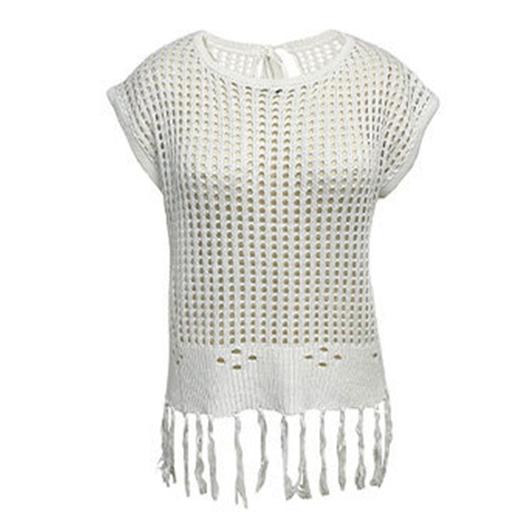 Crochet Tops for Women Tassel Hollow Out Summer Knit Top Crewneck Short Sleeve Pullover Cover Up for Travel usefulness
