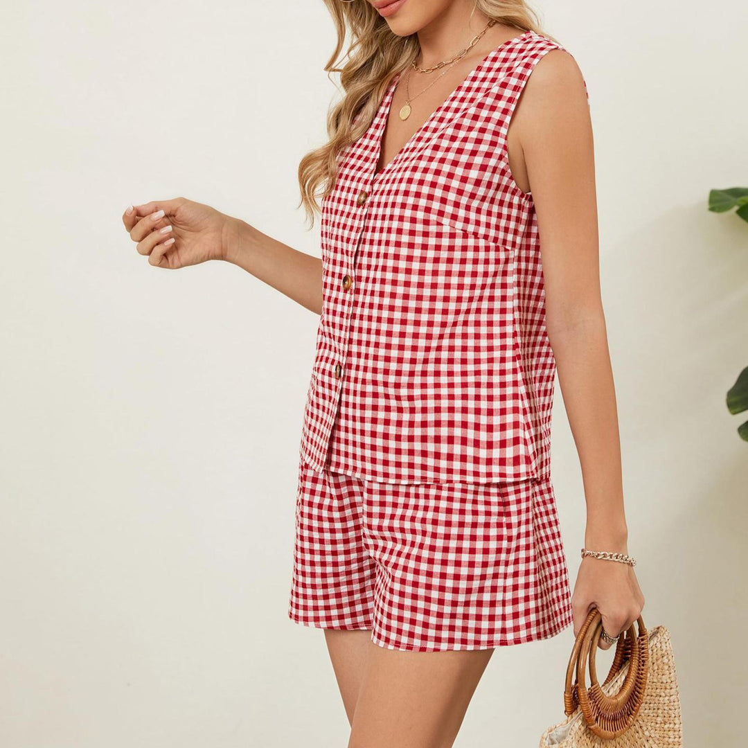 2 Piece Shorts Set for Women Plaid Print Button Down Tank Top and Shorts Outfits Summer Loungewear for Travel compatible