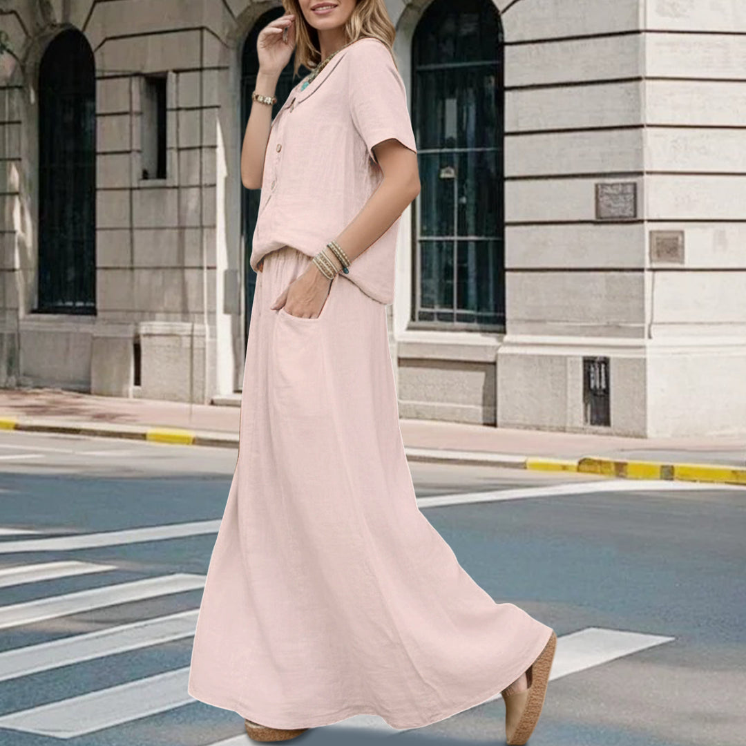2 Piece Skirt Set Solid Cotton Two Piece Sets Short Sleeve Top and Maxi Skirt Casual Outfit for Daily Wear everywhere