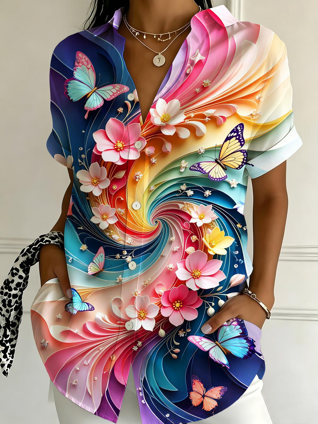 Colorful Swirl Floral & Butterfly Women's Short Sleeve Shirts