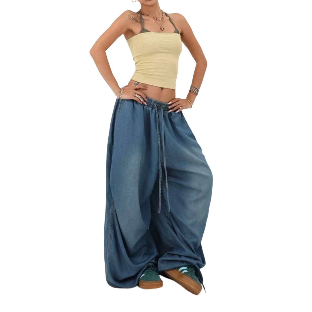 Womens Elastic Waist Jeans Low Rise Vintage Baggy Barrel Jeans Streetwear Loose Fit Denim Pants for Travel candid