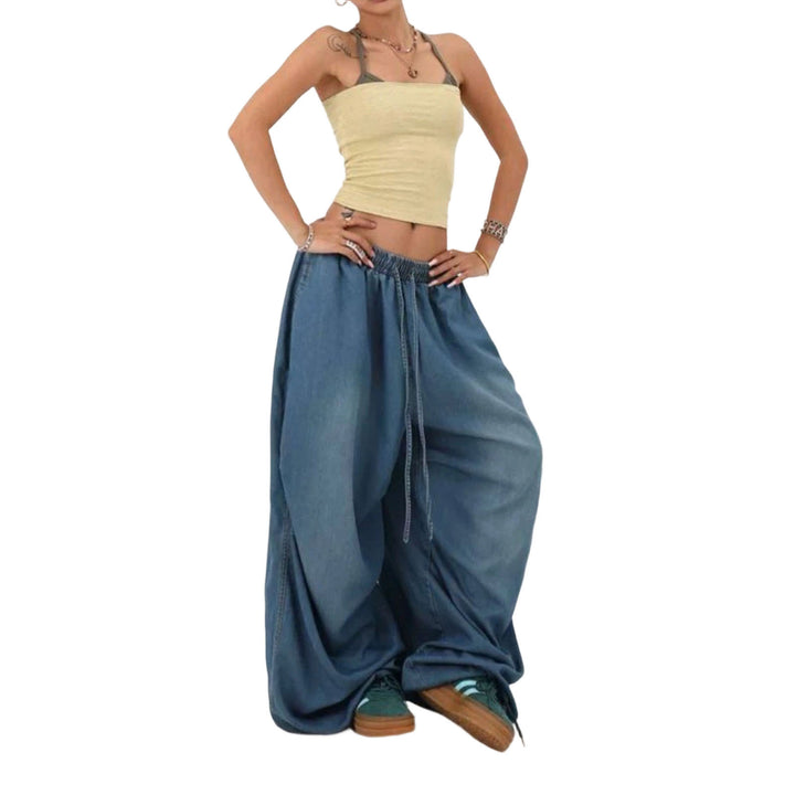 Womens Elastic Waist Jeans Low Rise Vintage Baggy Barrel Jeans Streetwear Loose Fit Denim Pants for Travel candid