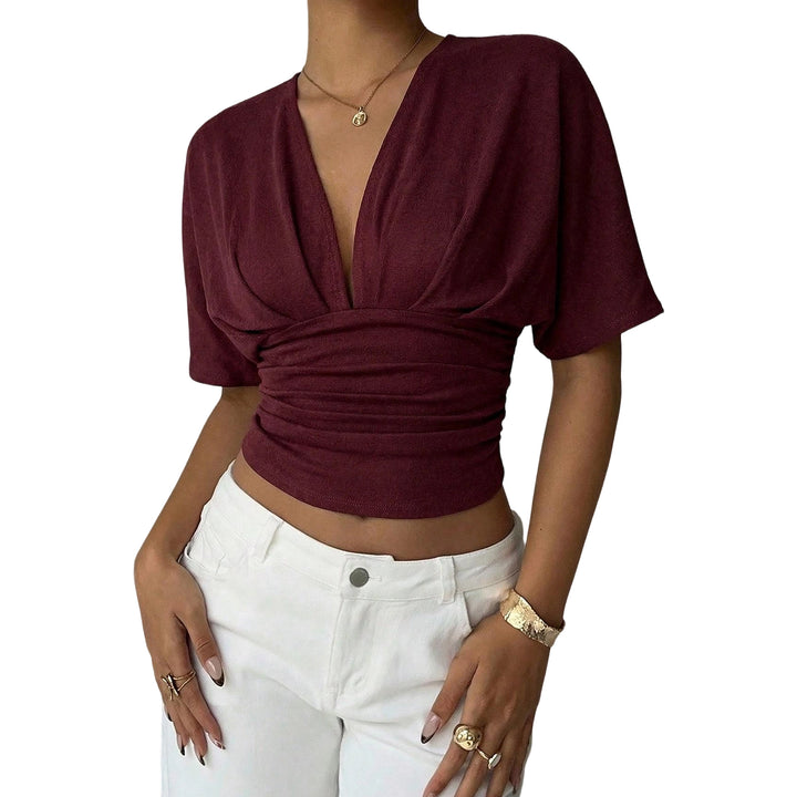 Cinch Waist Tops for Women Ruched Deep V Neck Crop Tops Sexy Summer T Shirts Short Sleeve for Travel Dating original