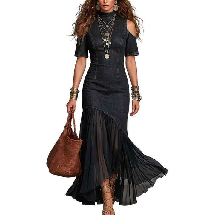 Womens Denim Dress Cold Shoulder Sheer Ruffle Long Jean Denim Summer Flowy Summer Sundresses for Daily Wear like-minded