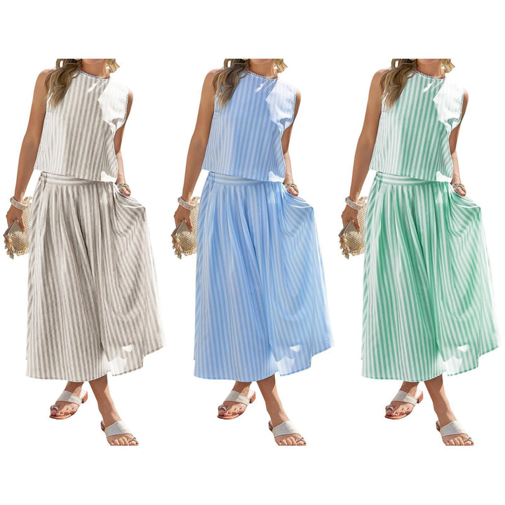 Striped Skirt Set 2 Piece Casual Sleeveless Top and Midi Skirt Summer Matching Lounge Sets for Everyday Wear adaptable