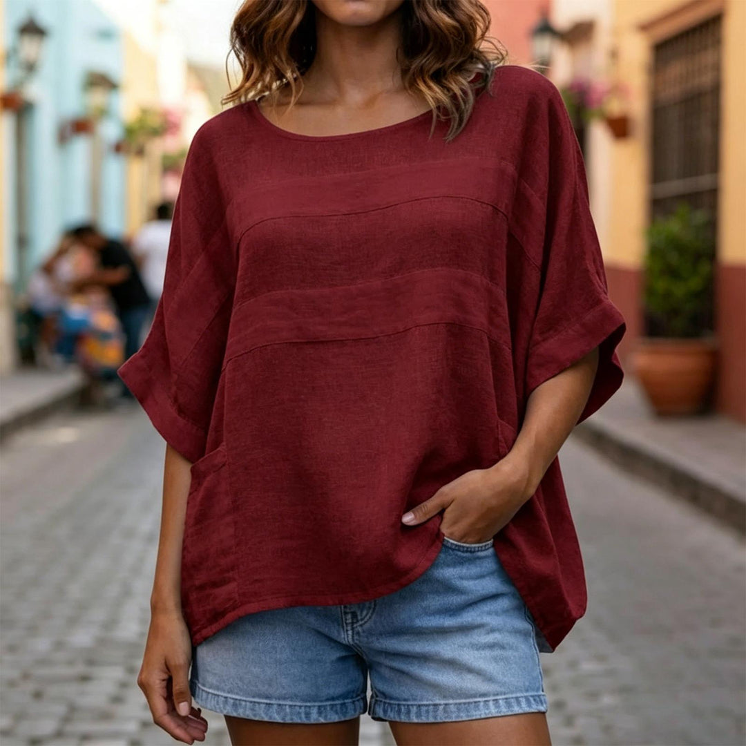 Women's Linen Shirt 3/4 Sleeve Casual Linen Tunic Blouse Crew Neck Peasant Shirts for Travel Daily Wear applied