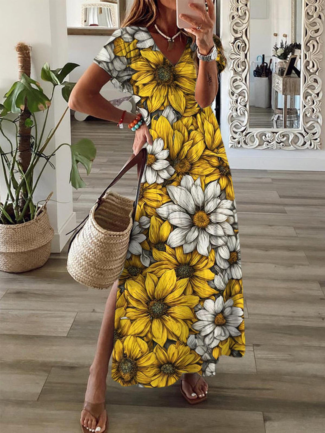 Retro Sunflowers Print Short Sleeve V Neck Maxi Dress