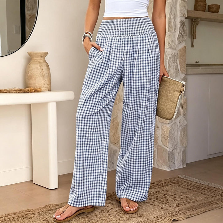 Women Gingham Pants Smocked Waist Plaid Pajama Lounge Pants Wide Leg Trousers with Pocket for Daily Wear gently